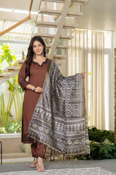 Mocha Embroidered Cotton Suit Set with Dupatta